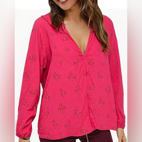 J. Crew Hot Pink Ruched Ruffled Bib Collar Blouse - Picture 1 of 8